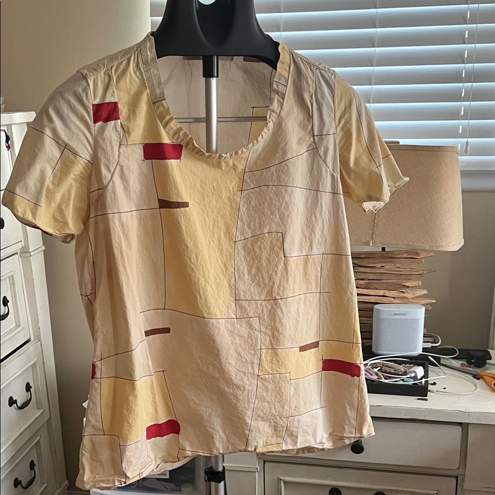 Marni Yellow Abstract Patch Short Sleeve Blouse with Red Accents Size 42 S/M